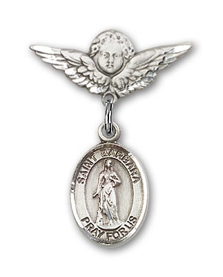 Pin Badge with St. Barbara Charm and Angel with Smaller Wings Badge Pin - Silver tone