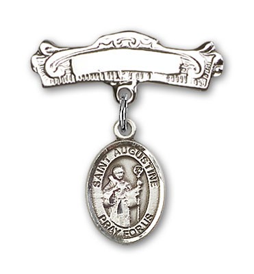 Pin Badge with St. Augustine Charm and Arched Polished Engravable Badge Pin - Silver tone