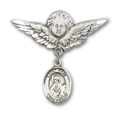 Pin Badge with St. Paul the Apostle Charm and Angel with Larger Wings Badge Pin - Silver tone