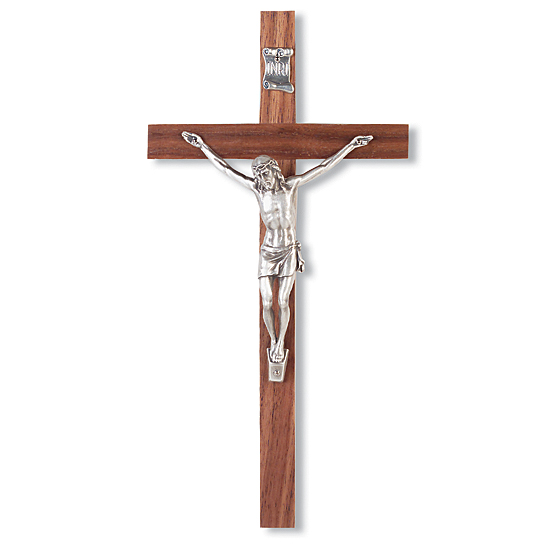Slimline Silver-tone Corpus Walnut Wall Crucifix - 10 inch - Brown