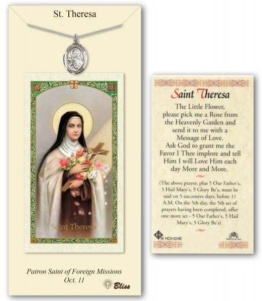 St. Theresa Medal in Pewter with Prayer Card - Silver tone