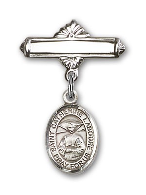 Pin Badge with St. Catherine Laboure Charm and Polished Engravable Badge Pin - Silver tone