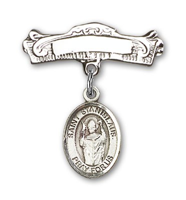 Pin Badge with St. Stanislaus Charm and Arched Polished Engravable Badge Pin - Silver tone