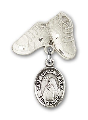 Pin Badge with St. Teresa of Avila Charm and Baby Boots Pin - Silver tone