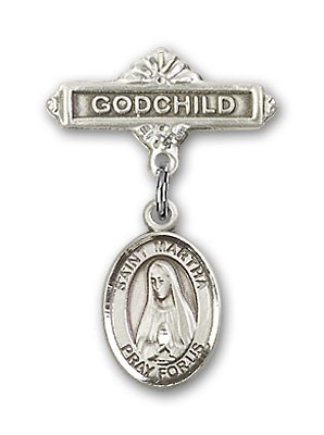 Pin Badge with St. Martha Charm and Godchild Badge Pin - Silver tone