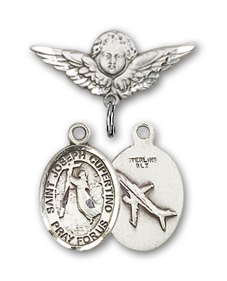 Pin Badge with St. Joseph of Cupertino Charm and Angel with Smaller Wings Badge Pin - Silver tone