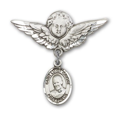 Pin Badge with St. Luigi Orione Charm and Angel with Larger Wings Badge Pin - Silver tone