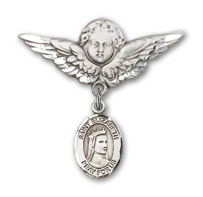 Pin Badge with St. Elizabeth of Hungary Charm and Angel with Larger Wings Badge Pin - Silver tone
