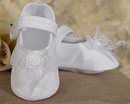 Girls Organza Shoe with Ribbon Rosette - White