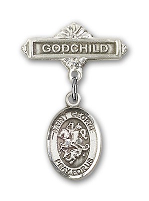 Pin Badge with St. George Charm and Godchild Badge Pin - Silver tone