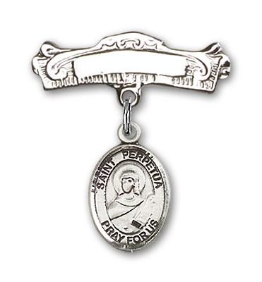 Pin Badge with St. Perpetua Charm and Arched Polished Engravable Badge Pin - Silver tone