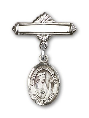 Pin Badge with St. Thomas More Charm and Polished Engravable Badge Pin - Silver tone