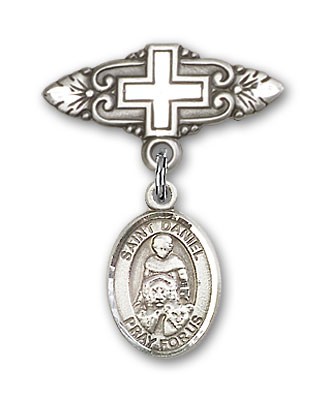 Pin Badge with St. Daniel Charm and Badge Pin with Cross - Silver tone