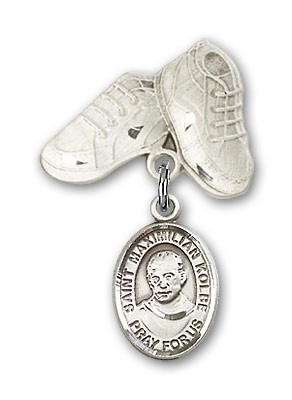 Pin Badge with St. Maximilian Kolbe Charm and Baby Boots Pin - Silver tone