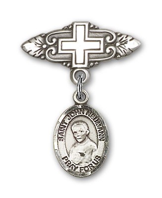 Pin Badge with St. John Neumann Charm and Badge Pin with Cross - Silver tone