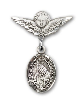Pin Badge with St. Margaret of Cortona Charm and Angel with Smaller Wings Badge Pin - Silver tone
