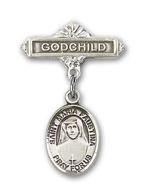 Pin Badge with St. Maria Faustina Charm and Godchild Badge Pin - Silver tone