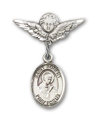 Pin Badge with St. Robert Bellarmine Charm and Angel with Smaller Wings Badge Pin - Silver tone