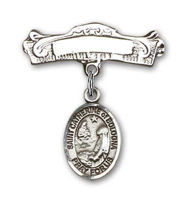 Pin Badge with St. Catherine of Bologna Charm and Arched Polished Engravable Badge Pin - Silver tone