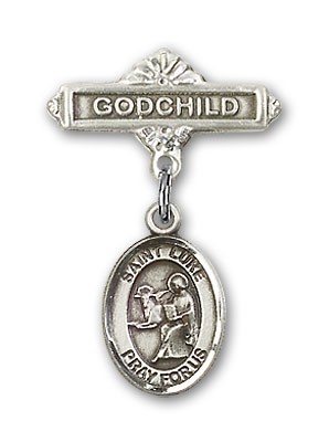 Pin Badge with St. Luke the Apostle Charm and Godchild Badge Pin - Silver tone