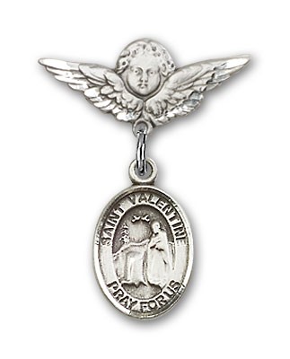 Pin Badge with St. Valentine of Rome Charm and Angel with Smaller Wings Badge Pin - Silver tone