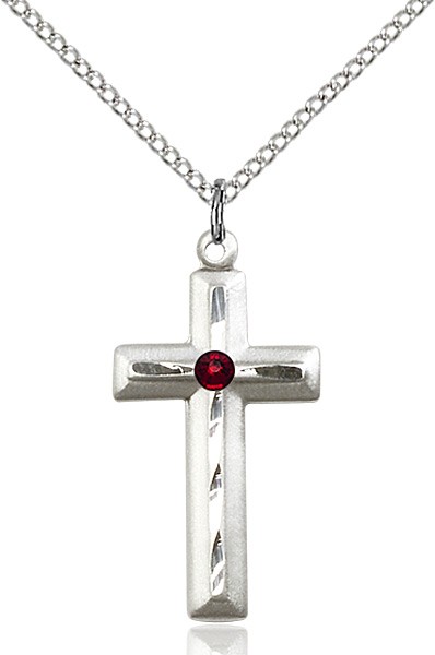 Matte and Polished Cross Pendant with Birthstone Options - Garnet