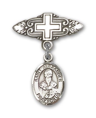 Pin Badge with St. Alexander Sauli Charm and Badge Pin with Cross - Silver tone