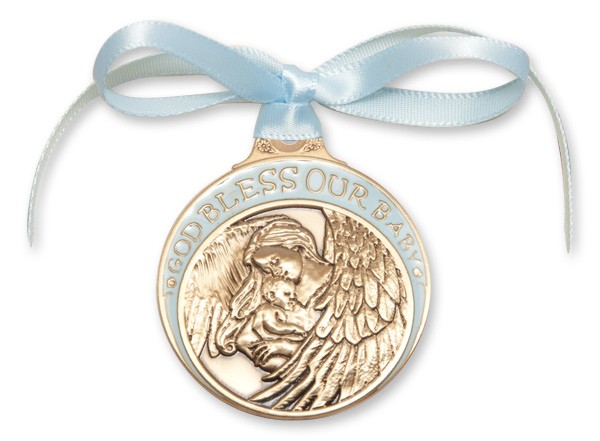 Boy's Blue Ribbon Guardian Angel Crib Medal in Brass - Blue | Gold