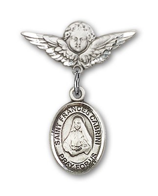 Pin Badge with St. Frances Cabrini Charm and Angel with Smaller Wings Badge Pin - Silver tone