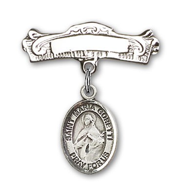 Pin Badge with St. Maria Goretti Charm and Arched Polished Engravable Badge Pin - Silver tone
