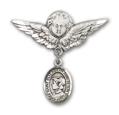 Pin Badge with St. Elizabeth Ann Seton Charm and Angel with Larger Wings Badge Pin - Silver tone