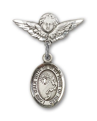 Pin Badge with Footprints Cross Charm and Angel with Smaller Wings Badge Pin - Silver tone