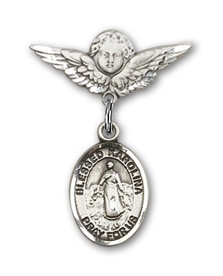 Pin Badge with Blessed Karolina Kozkowna Charm and Angel with Smaller Wings Badge Pin - Silver tone