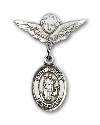 Pin Badge with St. Hubert of Liege Charm and Angel with Smaller Wings Badge Pin - Silver tone