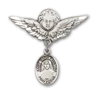 Pin Badge with St. Maria Faustina Charm and Angel with Larger Wings Badge Pin - Silver tone