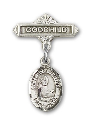 Pin Badge with St. Bonaventure Charm and Godchild Badge Pin - Silver tone