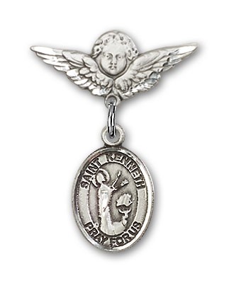 Pin Badge with St. Kenneth Charm and Angel with Smaller Wings Badge Pin - Silver tone