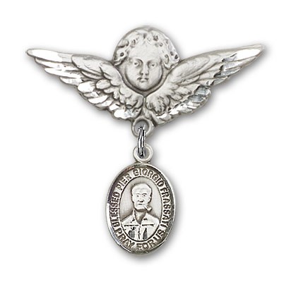 Pin Badge with Blessed Pier Giorgio Frassati Charm and Angel with Larger Wings Badge Pin - Silver tone