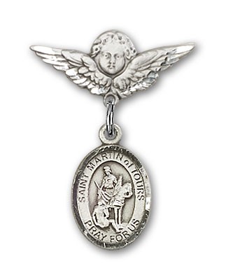 Pin Badge with St. Martin of Tours Charm and Angel with Smaller Wings Badge Pin - Silver tone