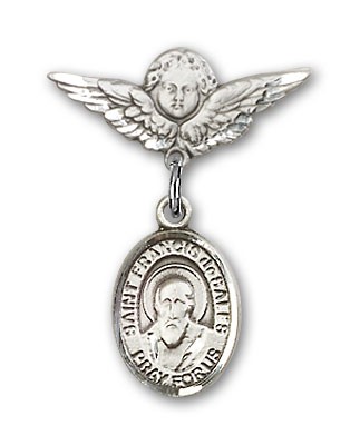 Pin Badge with St. Francis de Sales Charm and Angel with Smaller Wings Badge Pin - Silver tone