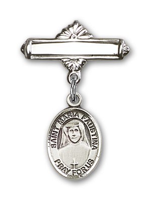 Pin Badge with St. Maria Faustina Charm and Polished Engravable Badge Pin - Silver tone