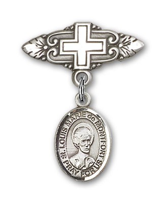 Pin Badge with St. Louis Marie de Montfort Charm and Badge Pin with Cross - Silver tone