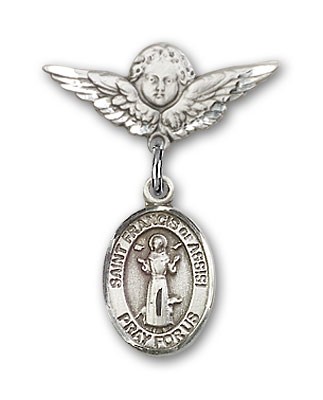 Pin Badge with St. Francis of Assisi Charm and Angel with Smaller Wings Badge Pin - Silver tone