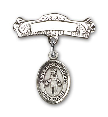 Pin Badge with St. Nino de Atocha Charm and Arched Polished Engravable Badge Pin - Silver tone