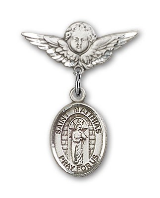Pin Badge with St. Matthias the Apostle Charm and Angel with Smaller Wings Badge Pin - Silver tone