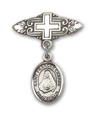 Pin Badge with St. Frances Cabrini Charm and Badge Pin with Cross - Silver tone