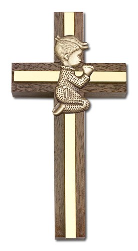 Praying Boy Cross in Walnut 4&quot; with Metal Inlay - Gold Tone