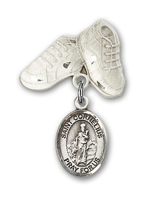 Pin Badge with St. Cornelius Charm and Baby Boots Pin - Silver tone