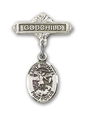 Pin Badge with St. Michael the Archangel Charm and Godchild Badge Pin - Silver tone