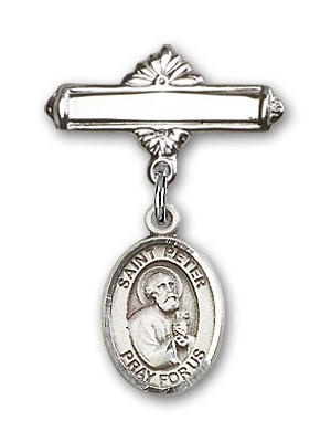 Pin Badge with St. Peter the Apostle Charm and Polished Engravable Badge Pin - Silver tone